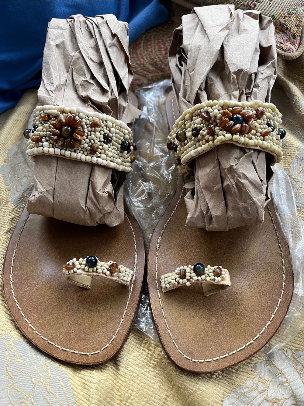 Vaneli Tan Beaded Toe-Loop Sandals with Cream and Brown Accents
